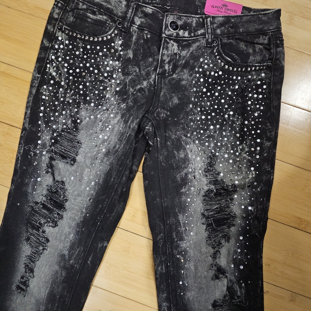 Almost Famous Y2K Distressed Black Gray Rhinestone Studded Pants Skinny Jeans 5 - Picture 7 of 8